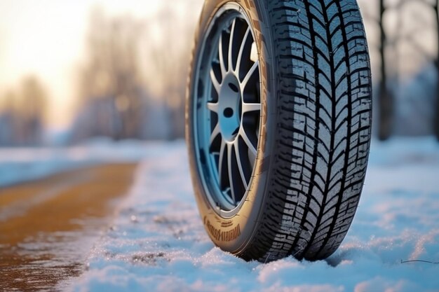 Foto pneumático de inverno coberto de neve, estrada nevada, gelo, carro com tração nas rodas, segurança na condução, transporte.