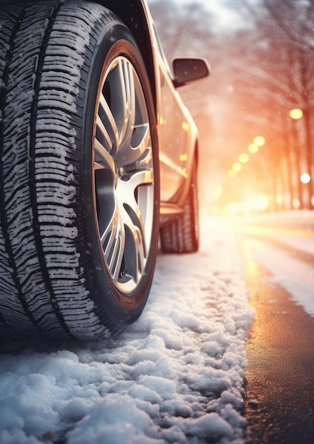 Pneus de carro com neve de inverno na temporada de inverno nevando na estrada molhada Generative Ai