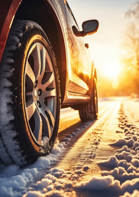 Pneus de carro com neve de inverno na temporada de inverno nevando na estrada molhada Generative Ai