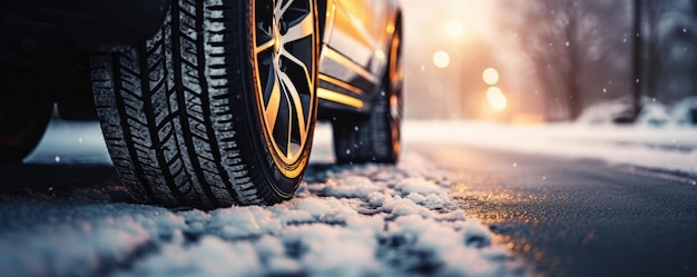 Pneus de carro com neve de inverno na temporada de inverno nevando no panorama da faixa de estrada molhada Generative Ai