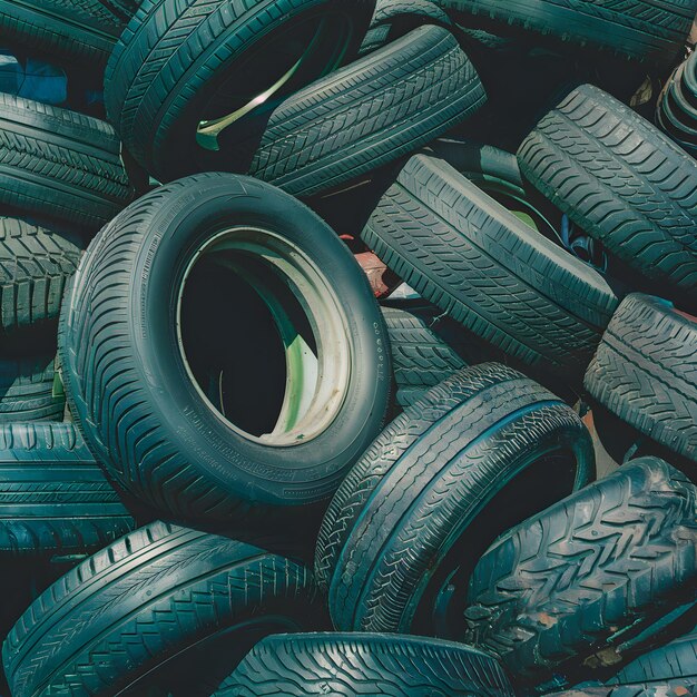 Pneus de carros velhos quebrados empilhados em fundo de preocupação ambiental para as mídias sociais