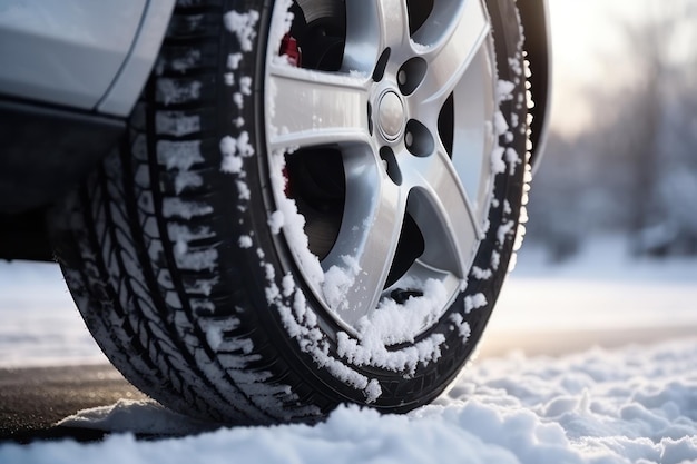 Pneus de inverno Detalhe de pneus de carro no inverno na estrada coberta de neve Inverno viajando de carro