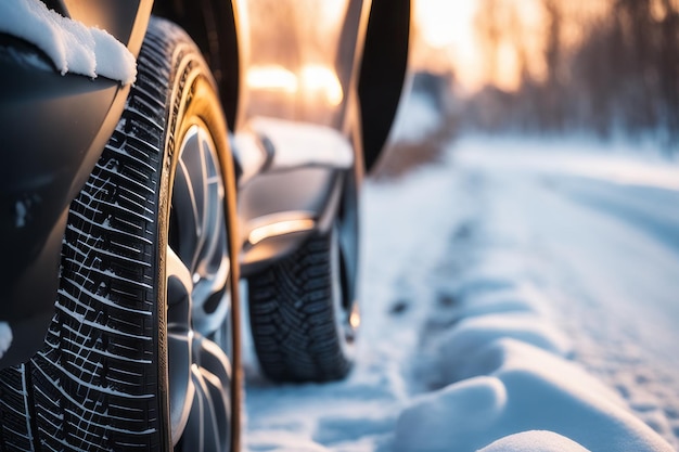 Foto pneus de inverno detalhe de pneus de carro no inverno na estrada coberta de neve