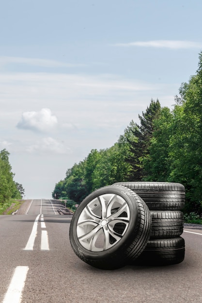 Pneus de verão e rodas de liga leve em uma estrada de asfalto mudança de pneu temporada auto comércio cópia espaço quadrado