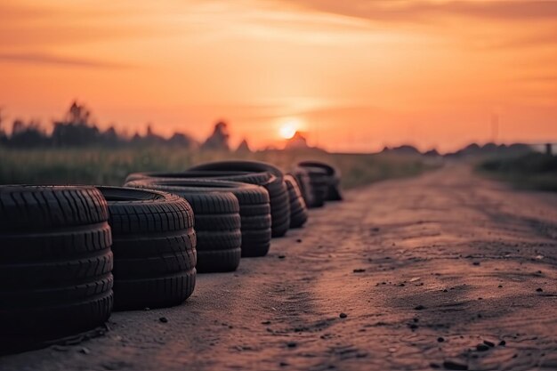 Pneus na estrada ao entardecer