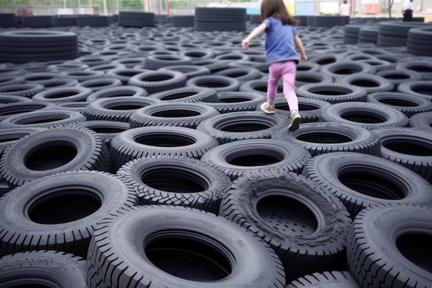 Pneus reciclados sendo transformados em superfícies de playground emborrachadas IA generativa