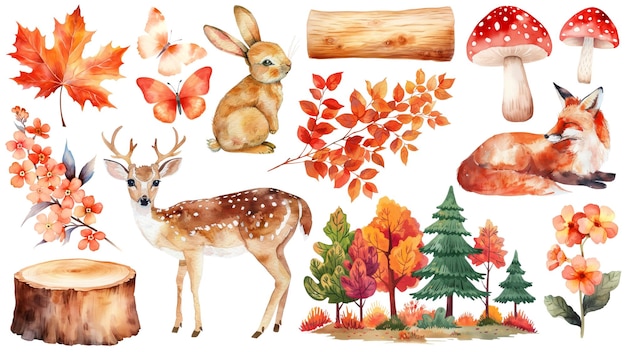 PNG acuarela Elemento de otoño establecido fondo transparente