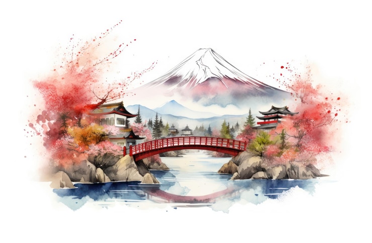 Foto png aquarell-illustration des mount fuji, ein japanisches wahrzeichen, isoliert auf weißem hintergrund ar 32