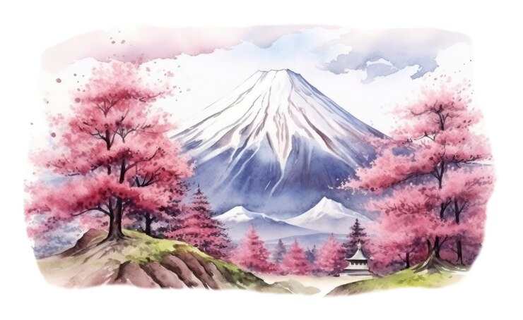 Foto png aquarell-illustration des mount fuji, ein japanisches wahrzeichen, isoliert auf weißem hintergrund ar 32