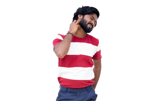 Png de um homem com barba e camisa vermelha e branca falando em um telefone celular enquanto usa um relógio