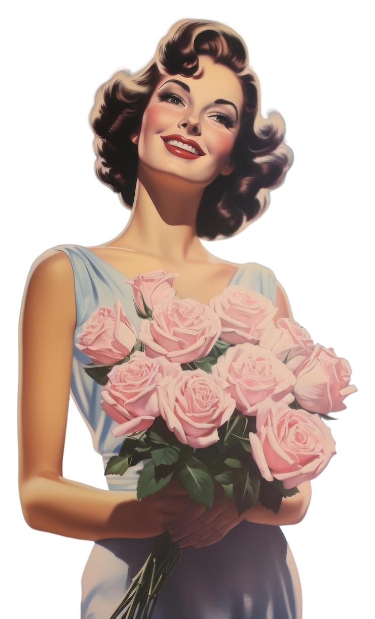Foto png eine modelfrau steht und hält einen blumenstrauß mit rosen. kunstporträtblume