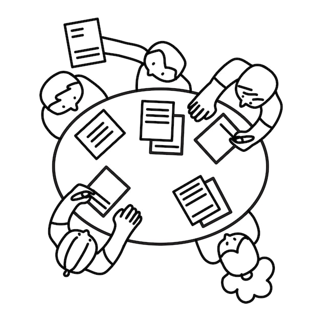 Png equipe diversificada discutindo trabalho doodle fundo transparente