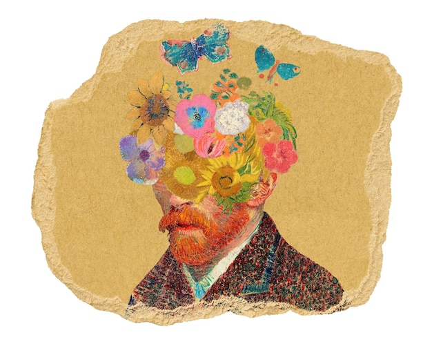 Png floral pegatina de retrato de Van Gogh papel rasgado fondo transparente obra de arte famosa remezclada por rawpixel