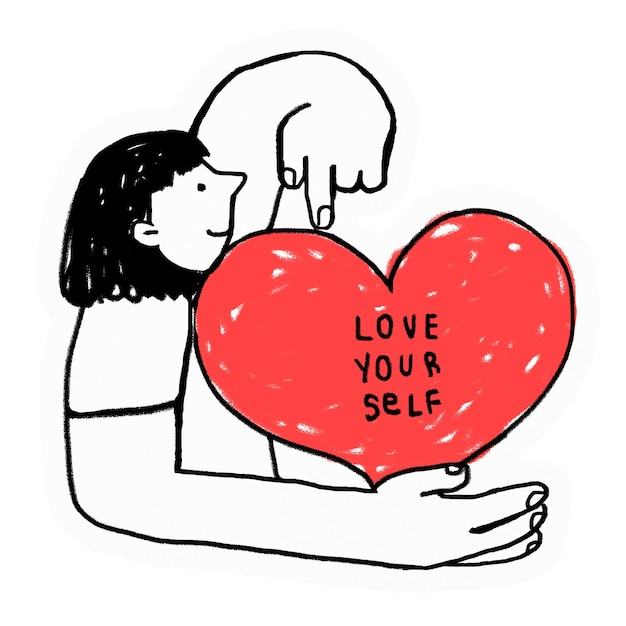 Png-Frau mit Liebe zu sich selbst rotes Herz Aufkleber Zeichnung Illustration transparenter Hintergrund