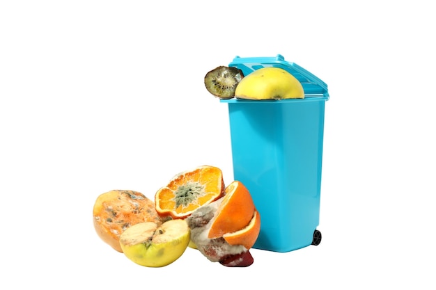 PNG Frutas estropeadas y contenedores de basura azules aislados sobre fondo blanco