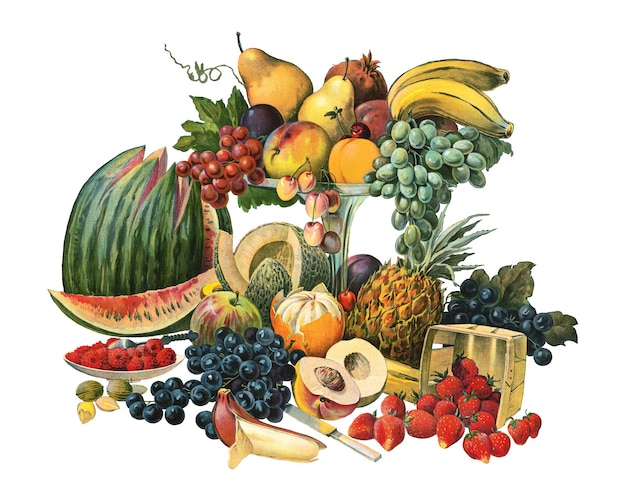 PNG frutas vintage cromolitografia arte fundo transparente Remixado por rawpixel