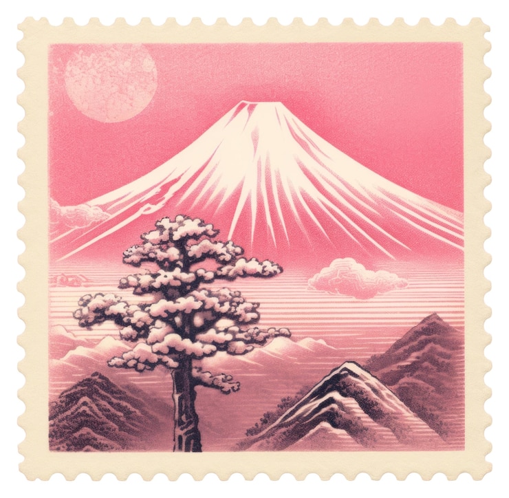 Foto png fuji com montanha de selo postal rosa de estilo risograph