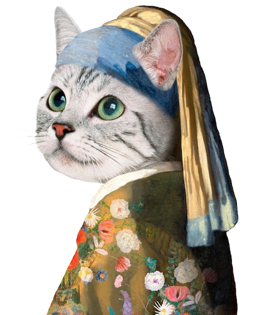 Png-Katzekopf-Frau-Aufkleber Johannes Vermeers Kunstwerk remixt von rawpixel transparenter Hintergrund
