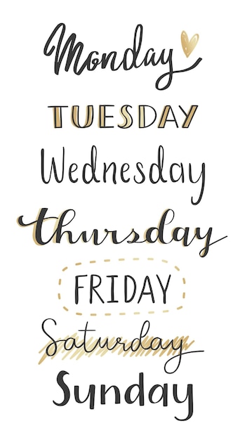 PNG de lunes a domingo caligrafía en fondo transparente