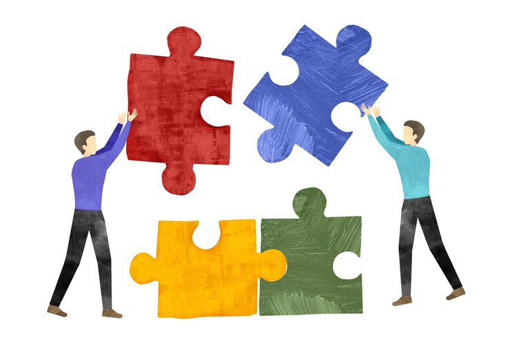 Foto png-menschen mit puzzles, teamarbeit, papierhandwerk, collage, durchsichtiger hintergrund