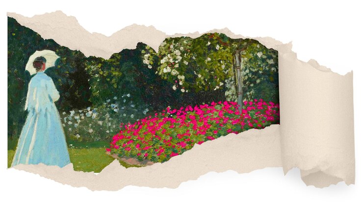 Foto png monets mulher no jardim adesivo papel rasgado remixado por rawpixel fundo transparente