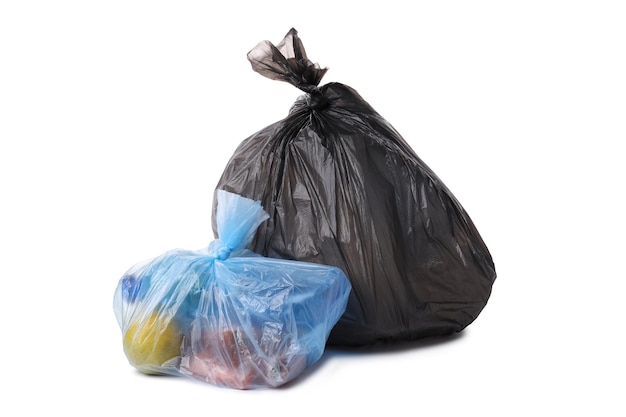 PNG-Müll in schwarzen und blauen Müllsäcken auf weißem Hintergrund