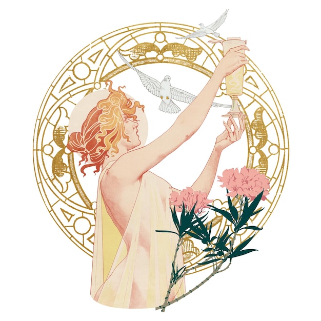 PNG Mujer y pájaro ilustración vintage por Absinthe Robette fondo transparente Remezclado por rawpixel