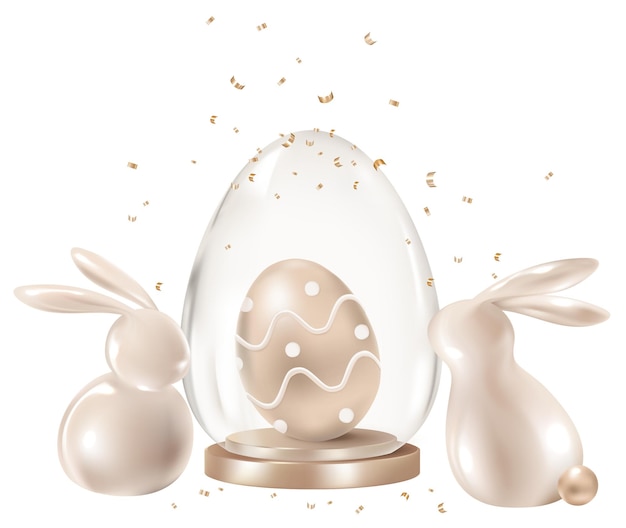 Png ovo de Páscoa de luxo 3D em vidro de ouro rosa com elemento de design de coelhos