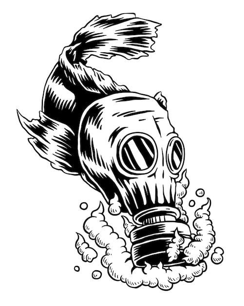 Png Peixe usando máscara de gás em água poluída elemento de ilustração de fundo transparente