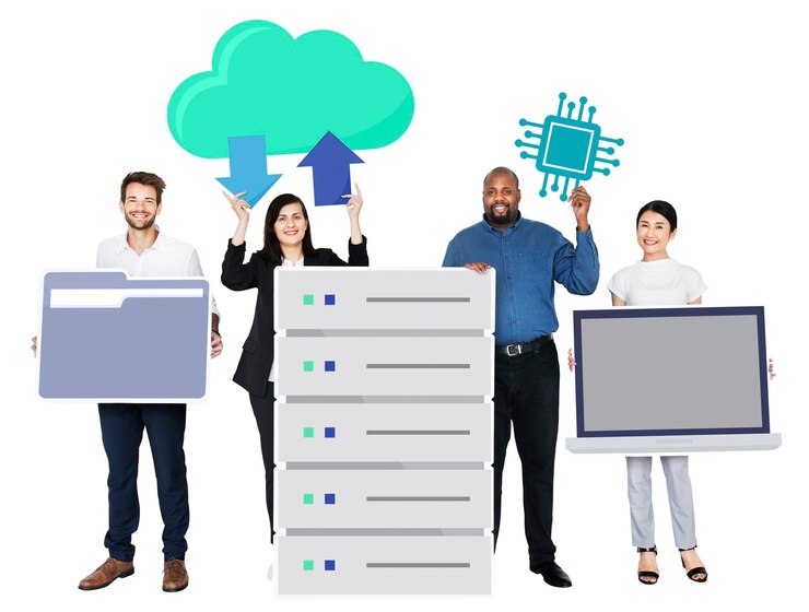 Foto png personas de negocios diversas felices con iconos de tecnología de oficina fondo transparente