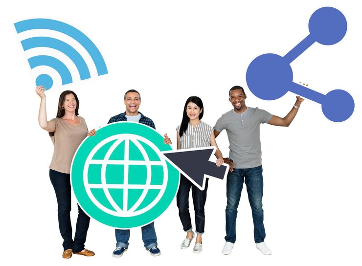 Foto png pessoas segurando ícones de conexão com a internet fundo transparente