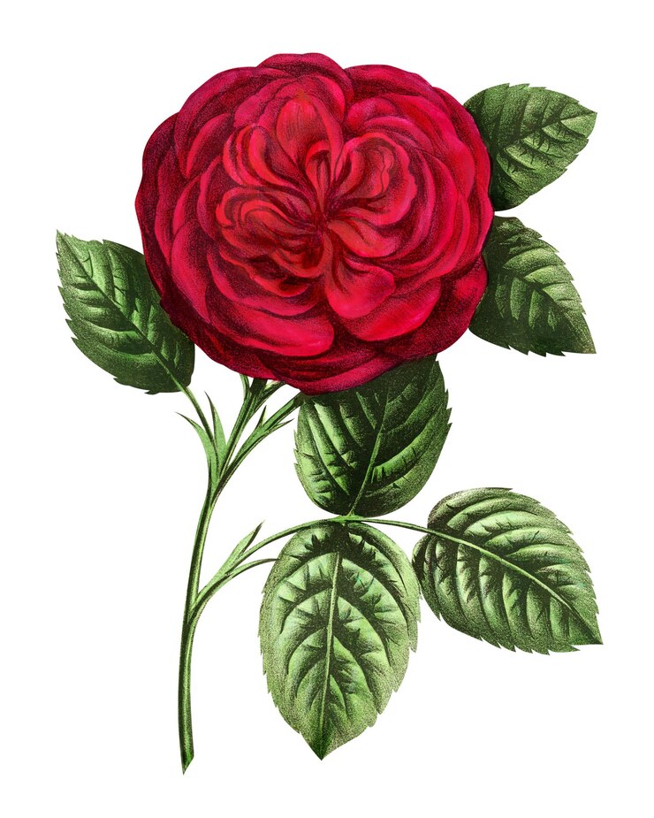 PNG Rosa roja flor francesa ilustración vintage en fondo transparente por FrancoisFrederic Grobon Remezclado por rawpixel