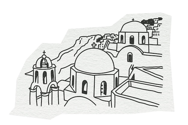 PNG Santorini lugar famoso en Grecia ilustración de arte de línea fondo transparente