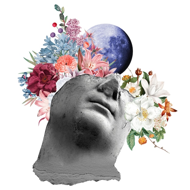 Png-Surreal-Statue-Kopf-Aufkleber Blumen-Collage-Kunst durchsichtiger Hintergrund
