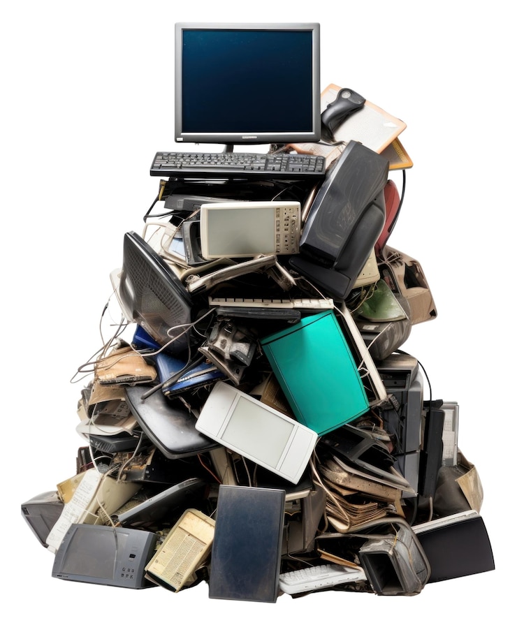 Foto png um contentor de lixo cheio de aparelhos eletrónicos, eletrónica, reciclagem de computadores