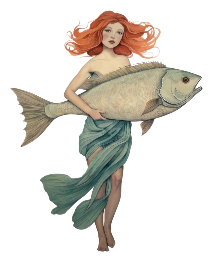 Foto png um desenho de desenho animado de uma mulher carregando um peixe grande nadando