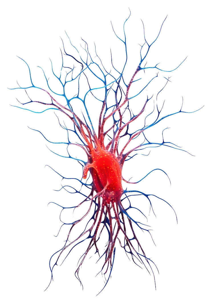 Foto png uma célula cerebral lustre de fundo vermelho-preto