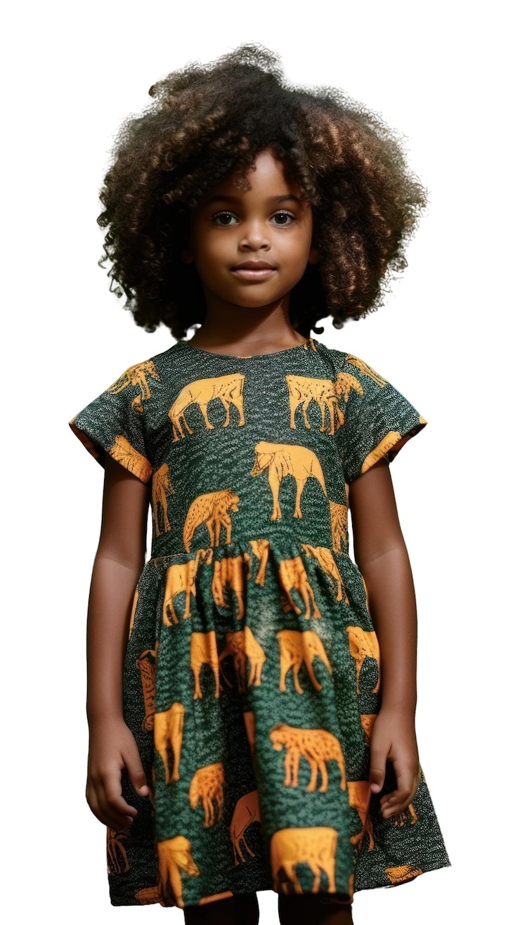 Foto png uma menina negra vestindo um vestido com padrão de tigre criança árvore bonita