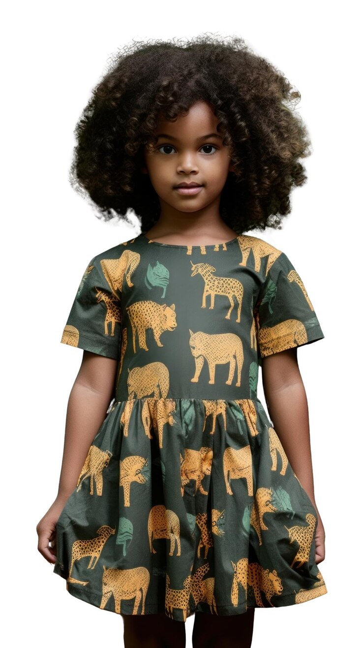 Foto png uma menina negra vestindo um vestido com padrão de tigre criança árvore bonita