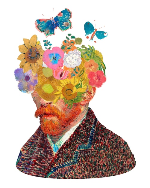 Png Van Gogh autoportraje floral pegatina ilustración abstracta en fondo transparente Remezclado por rawpixel