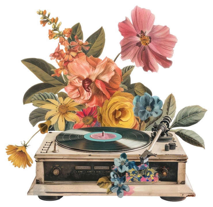 Foto png-vintage-blumenplattenspieler-illustration