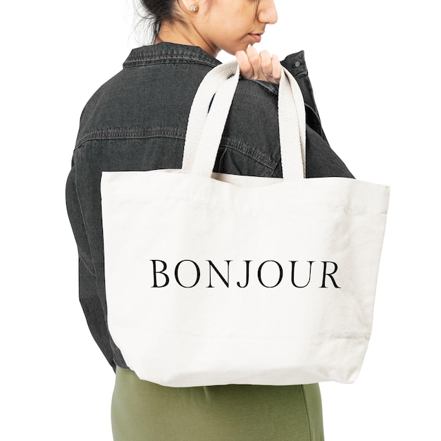 Png-weiße Taschenmockup mit Bonjour-Typografie-Zubehör Studio-Shoot
