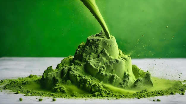 Pó de chá matcha verde caindo gerado com IA