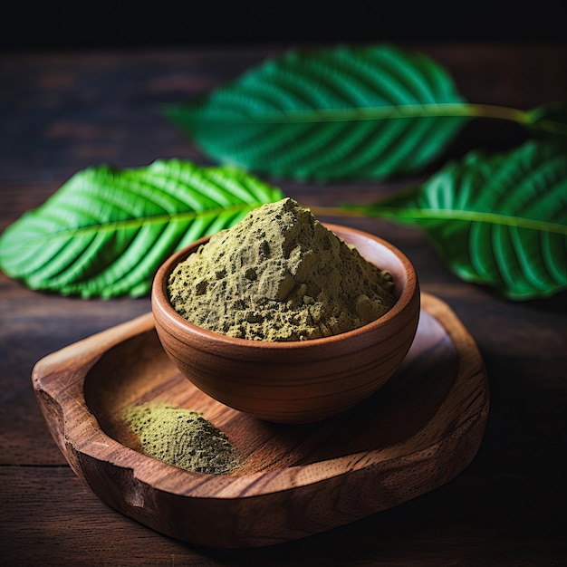 pó de kratom em uma tigela de madeira sobre uma mesa de madeira