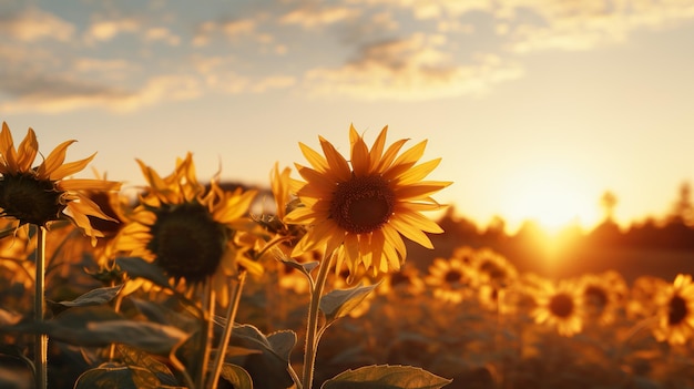 Pô de sol e floresta de girassol foto estética