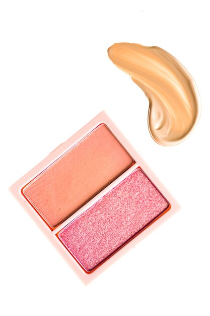 Pó de sombra de olho ou paleta de maquiagem de blush como sombra cosmética de mancha rosa e laranja plana le ...