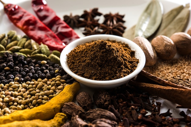 Pó indiano Garam masala em uma tigela e seus ingredientes especiarias coloridas. Servido sobre fundo temperamental. foco seletivo