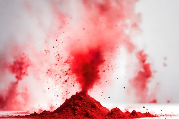 Pó vermelho abstrato em pequeno espaço em fundo branco pintura holi