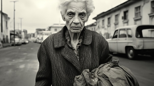 Una pobre anciana con expresión triste y desesperada por el hambre y la pobreza.