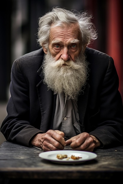 Un pobre anciano un mendigo sosteniendo un plato vacío con una expresión de hambre desesperada